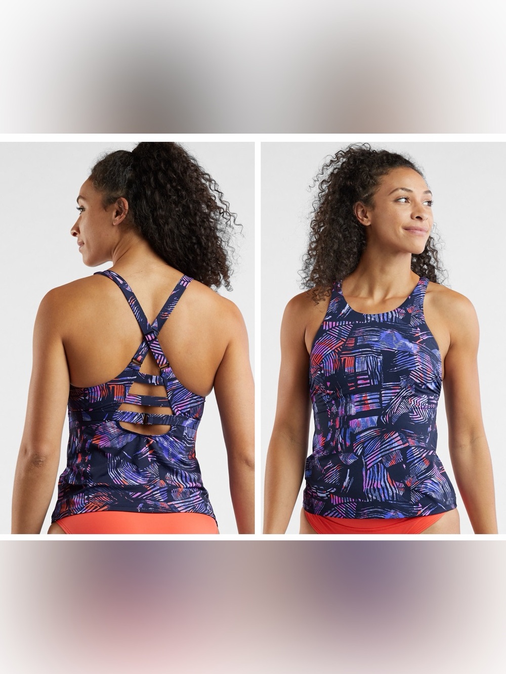Title Nine Woman Up High Neck Tankini Swim Top Graffiato Purple Pattern Small